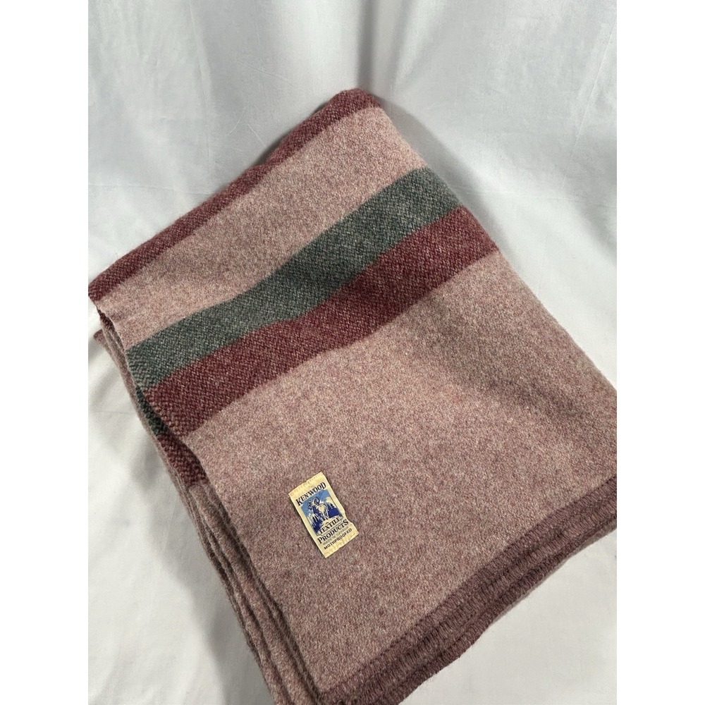 Vintage Kenwood Textile Products Wool Blanket 76x60 Pink Rose Stripe Canada 100%